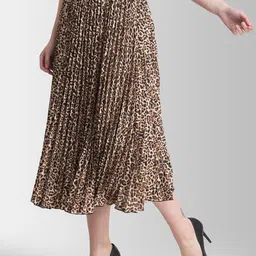 FableStreet Brown & Beige Animal Printed Flared Midi Skirt-28