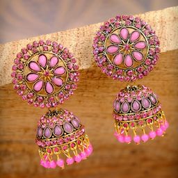 Crunchy Fashion Pink Dome Shaped Jhumkas Earrings-image-12