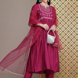 House of Pataudi Jashn Yoke Design Zari Work A-Line Kurta With Trousers & Dupatta-31