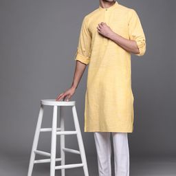 Fabindia Men Yellow Slub Effect Pure Cotton Kurta-image-45