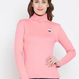 Hypernation Women Pink Solid Turtle Neck T-shirt-image-34
