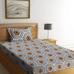 KLOTTHE White & Grey Geometric 210 TC Polycotton 1 Single Bedsheet with 1 Pillow Covers-image-43