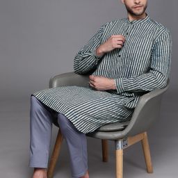 Fabindia Men Blue & Charcoal Grey Dabu Print Slim fit Pure Cotton Straight Kurta-picture-22