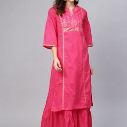 Biba Women Pink & Golden Printed Layered A-Line Kurta-picture-8