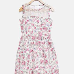 Sera Girls White & Pink Printed Fit and Flare Dress-image-6