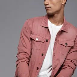 WROGN Men Rust Pink Solid Denim Jacket-picture-2