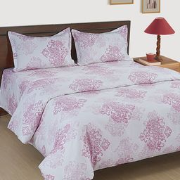 SWAYAM White & Pink Ethnic Motifs Printed 250 TC Fitted Queen Bedsheet Set- 2.28m x 2.74m-image-20