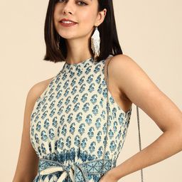 Anouk Off White & Navy Blue Ethnic Digital Print Crepe A-Line Midi Dress With Belt-picture-12