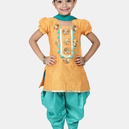 BownBee Girls Yellow Yoke Design Chanderi Kurta with Sea Green Dhoti Pants & Dupatta-picture-38