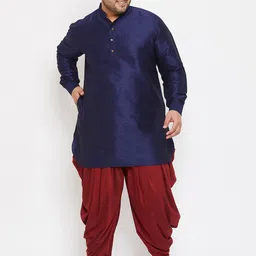 VASTRAMAY Men Silk Blend Navy Contrast Color Blue Kurta with Maroon Dhoti Bottom Set-image-59