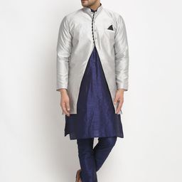 Benstoke Men Blue & Silver-Toned Solid Kurta with Churidar-image-87