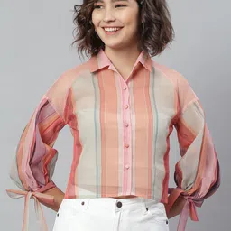KASSUALLY Women Peach-Coloured & Multicoloured Regular Fit Striped Casual Shirt-image-12