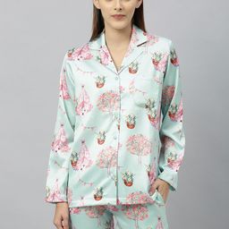 DRAPE IN VOGUE Women Sea Green & Pink Tree Print Night Suit Set-picture-43
