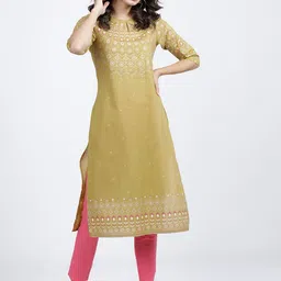 Vishudh Women Olive Green & White Ethnic Motifs Printed Keyhole Neck Cotton Kurta-image-10