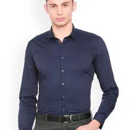 V Dot Men Navy Blue Skinny Fit Solid Formal Shirt-image-20