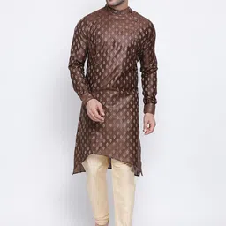 NAMASKAR Men Brown & Gold-Toned Self Design Kurta with Churidar-picture-13