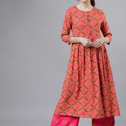 Vishudh Women Coral Orange & Pink Printed Kurta with Palazzos-picture-44