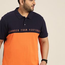 Sztori Men Plus Size Navy Blue & Orange Colourblocked Pure Cotton Polo Collar T-shirt-picture-34