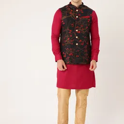 Manyavar Men Red & Beige Solid Kurta with Churidar & Nehru Jacket-image-60