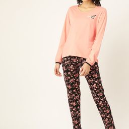 ETC Women Peach-Coloured & Black Pure Cotton Printed Night suit-23