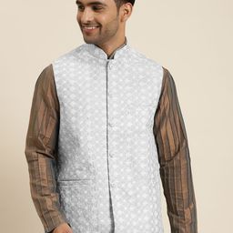 Sojanya Men Grey & White Embroidered Nehru Jacket-6