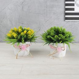 FOLIYAJ Set Of 2 Green & Yellow Artificial Fern Leaves Plant With Buds-0