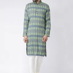 KISAH Men Grey & White Printed Kurta with Churidar-4