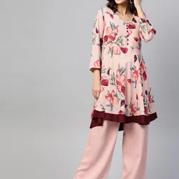 Jompers Women Peach-Coloured & Maroon Floral Printed Floral Anarkali Kurta-11
