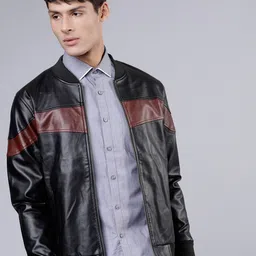 HIGHLANDER Men Black & Burgundy Colourblocked Bomber Jacket-image-24