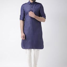 KISAH Men Navy Blue & Cream-Coloured Solid Kurta with Churidar-15