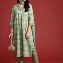 Anouk Ethnic Motifs Printed Sequinned Pure Cotton Kurta With Trousers & Dupatta image 1