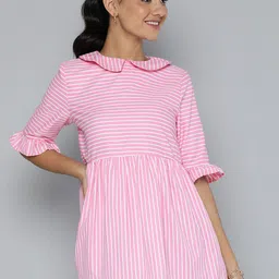 HERE&NOW Women Cotton Striped Peter Pan Collar Peplum Longline Top-picture-0