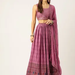 Rue Collection Pink & Blue Printed Ready to Wear Lehenga & Blouse With Dupatta & Potli-image-37