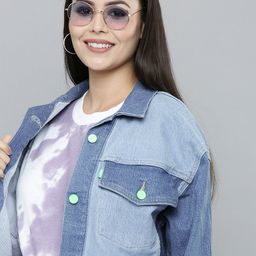 Levis Women Blue Colourblocked Crop Denim Jacket-image-16