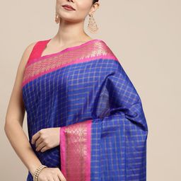 KALINI Blue & Pink Checked Zari Silk Cotton Saree-image-66