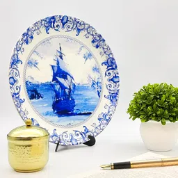 KOLOROBIA White & Blue Printed Round Wall Decor Plate-picture-3