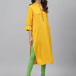 JAIPUR ATTIRE Women Yellow Bell Sleeves Band Collar Kurta-image-29