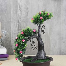 FOLIYAJ Green & Pink Artificial Shoe Horn Shaped Bonsai Tree with Bushy Leaves Flowers & Brown Pot-23