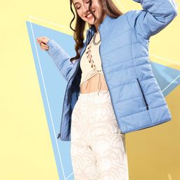 HERE&NOW Women Blue Solid Quilt In Comfort Jacket-image-51