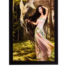 eCraftIndia Multicoloured Woman & Bird Satin Texture Framed Artwork-picture-6