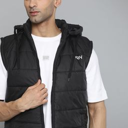 HRX by Hrithik Roshan Men Black Brand Logo Print Detail Detachable Hood Padded Jacket-image-89