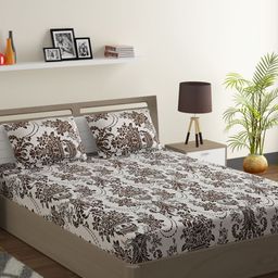 SWAYAM White & Brown Ethnic Motifs 120 TC Cotton 1 Queen Bedsheet with 2 Pillow Covers-image-95