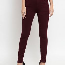 Clora Creation Women Burgundy Solid Regular-Fit Jeggings-image-9
