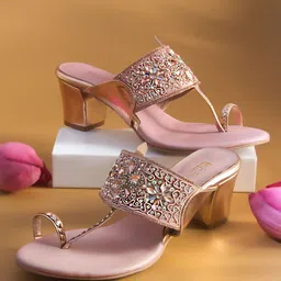 Inc 5 Rose Gold Embellished Ethnic Block Sandals-image-86