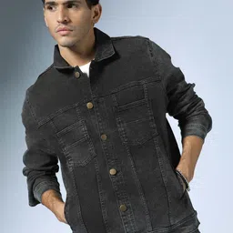 Hubberholme Men Charcoal Grey Washed Denim Jacket-image-31