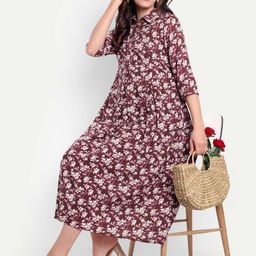 LA FURBO Floral Print Maternity Shirt Collar A-Line Midi Dress-image-52