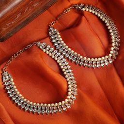 ANIKAS CREATION Set of 2 18K Gold-Plated White Kundan-Studded Handcrafted Anklets-6