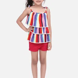 StyleStone Girls Red & Purple Striped Top with Shorts-image-44