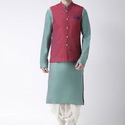 KISAH Men Green & Off-White Solid Jacquard Kurta Set-9