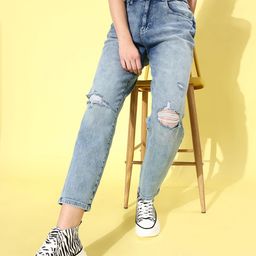 Mast & Harbour Women Blue Boyfriend Fit Mildly Distressed Heavy Fade Stretchable Jeans-image-55